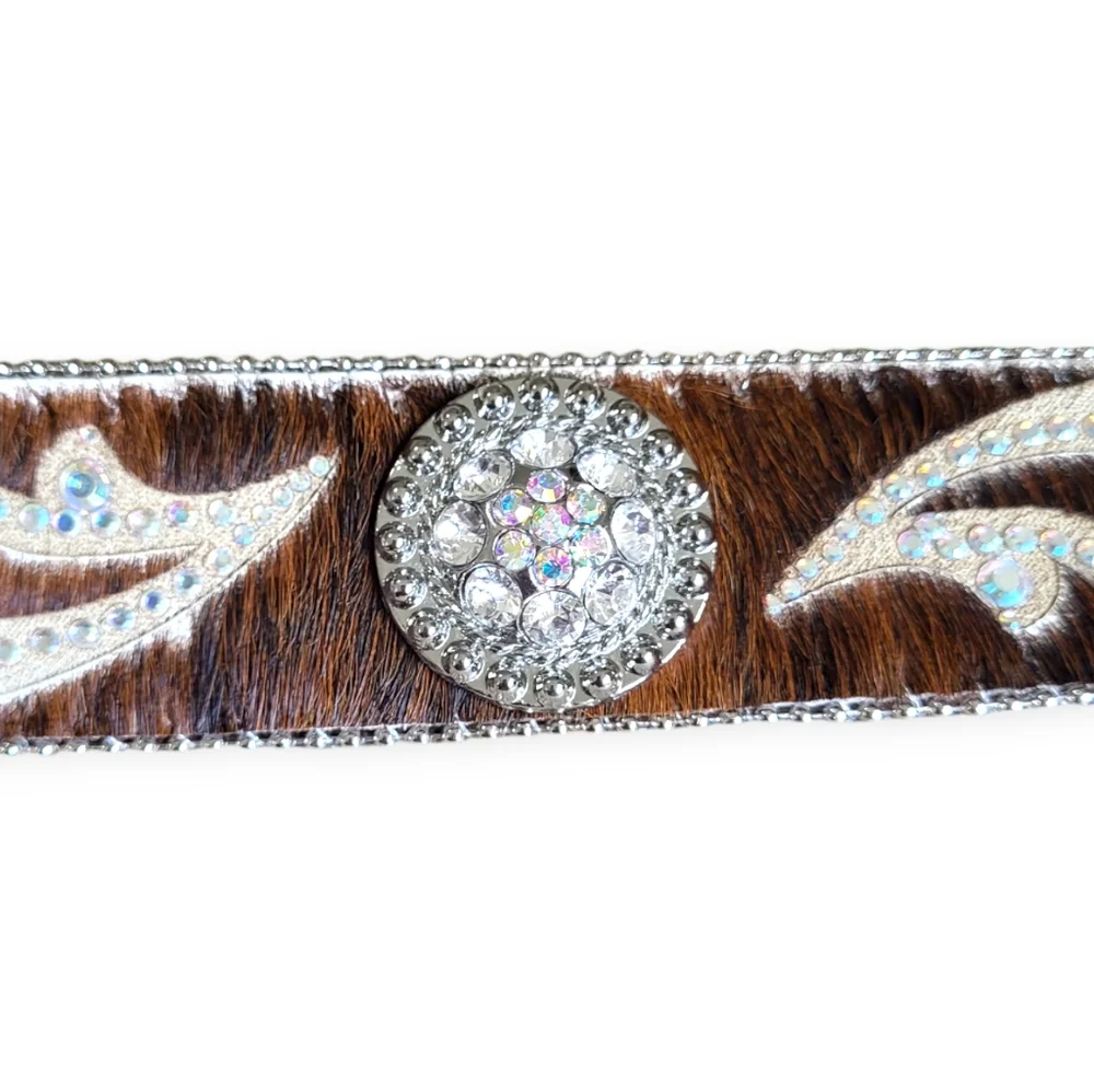Nocona Women's Calf Hair On Hide Rhinestone Leather Western Belt Brown Silver M